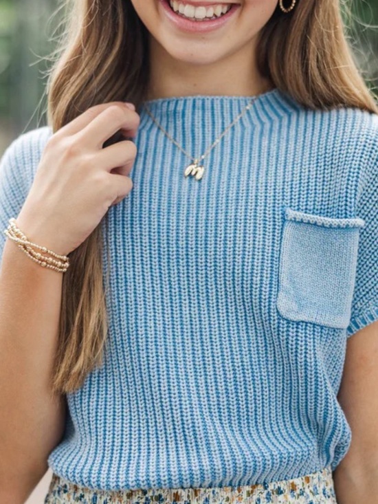 Zenana Outfitters Sweaters - New Zenana Washed Blue Ribbed Knit Top Sweater Cap Sleeves Pullover Boho